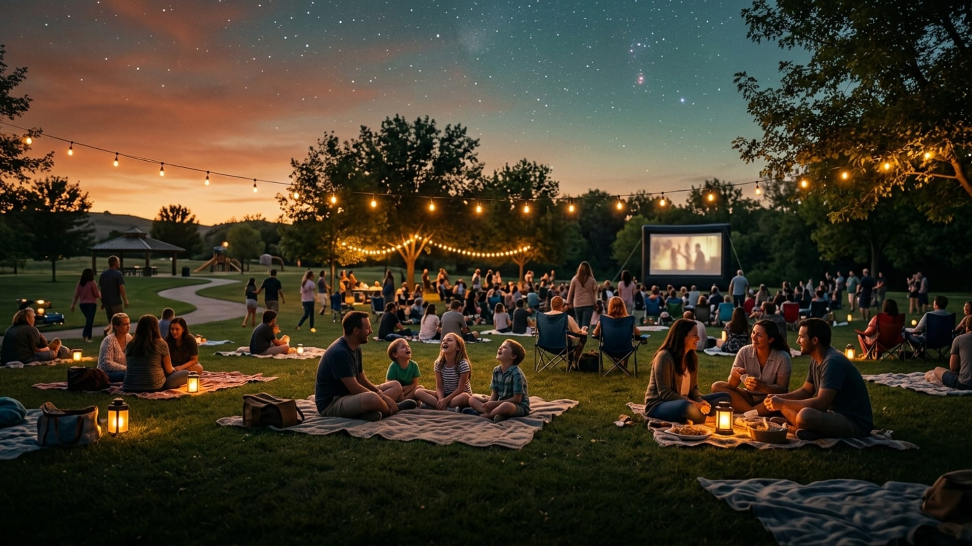 Families watching a movie outdoors at Wire Park at sunset