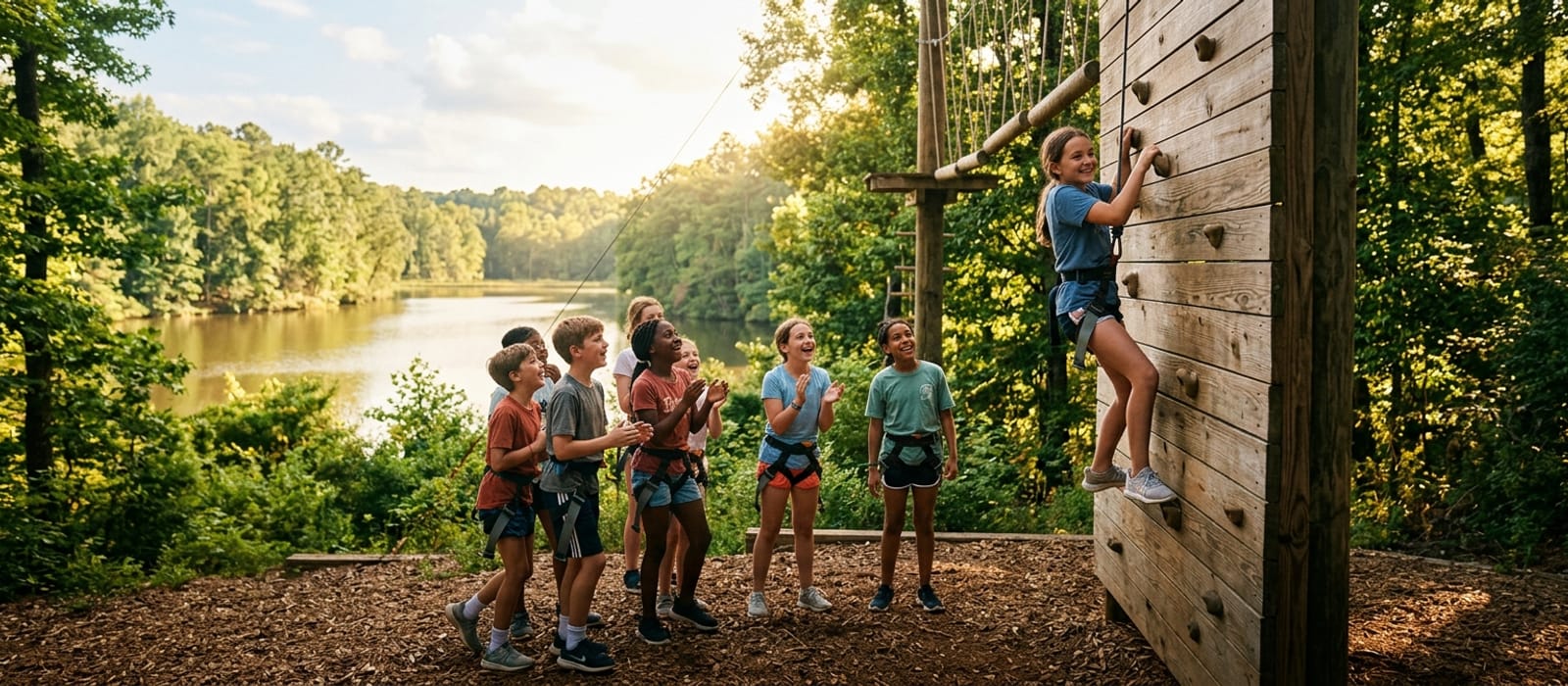 Campers climbing and smiling outdoors at Camp APEX on a warm summer afternoon