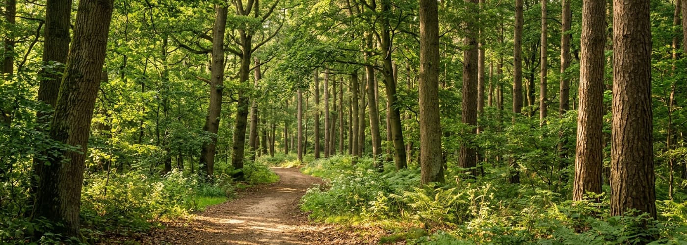 A peaceful woodsy forest trail at Camp APEX, sunlight filtering through the green canopy