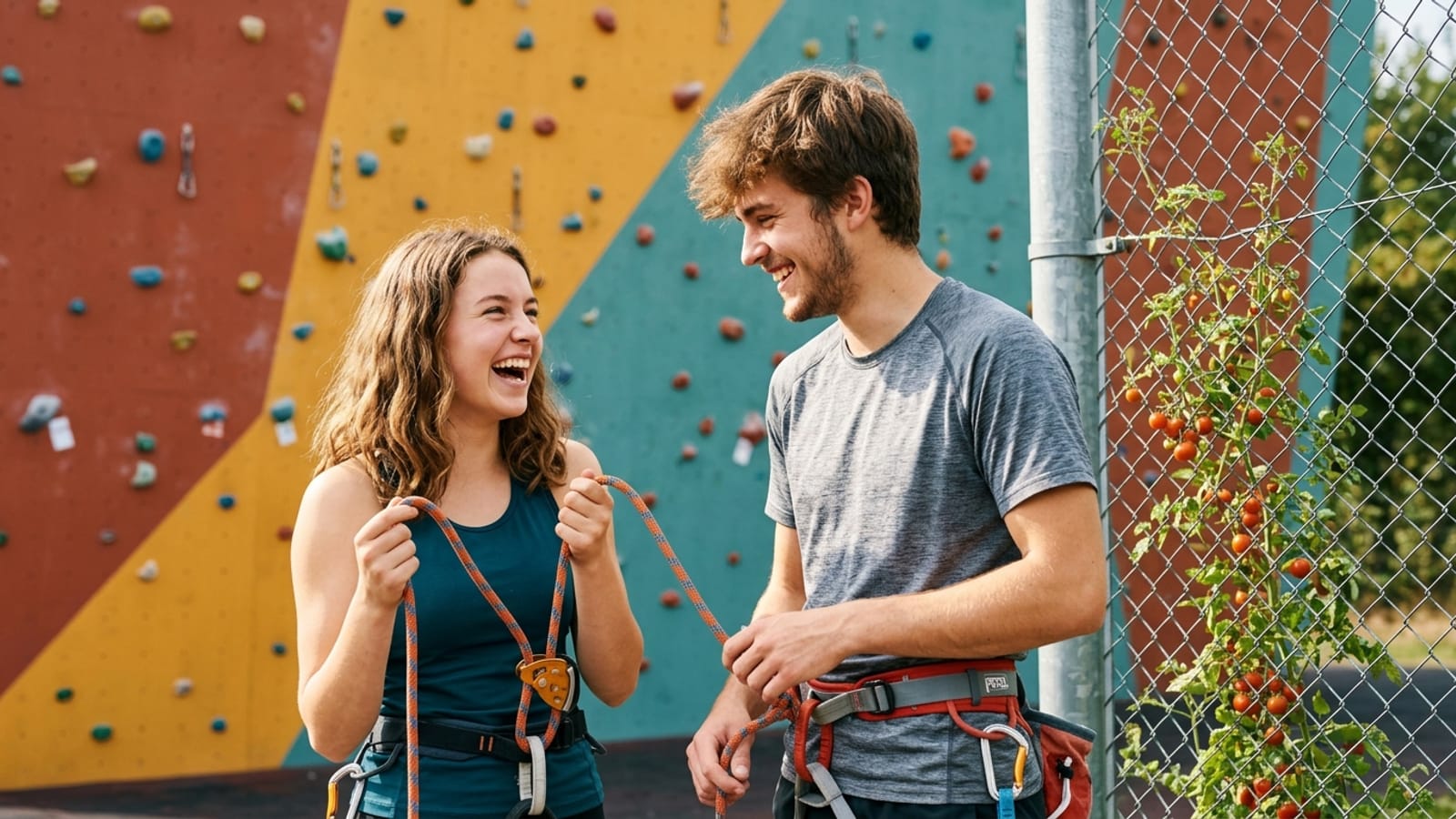 Teenage couple laughing together as they rope up at the bottom of a wide professional outdoor climbing wall