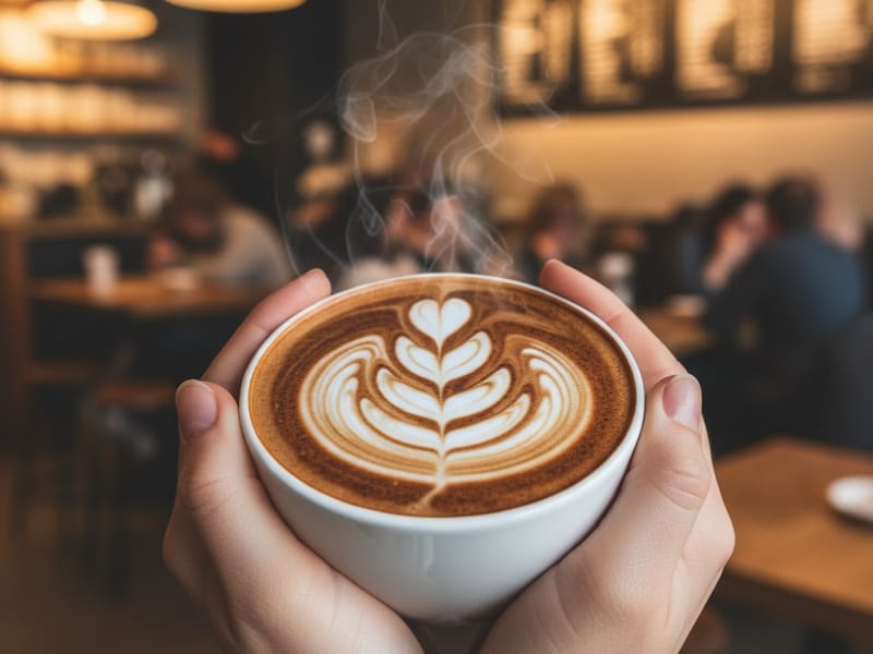 Latte art in a cup being held warmly