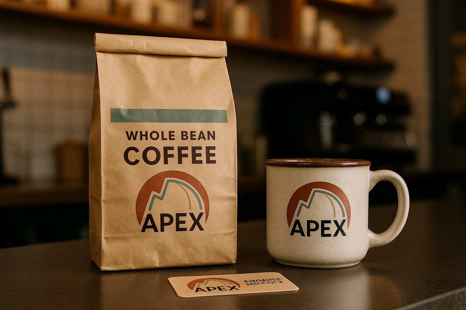 APEX Whole Bean Coffee bag and ceramic mug with the APEX mountain-peak logo