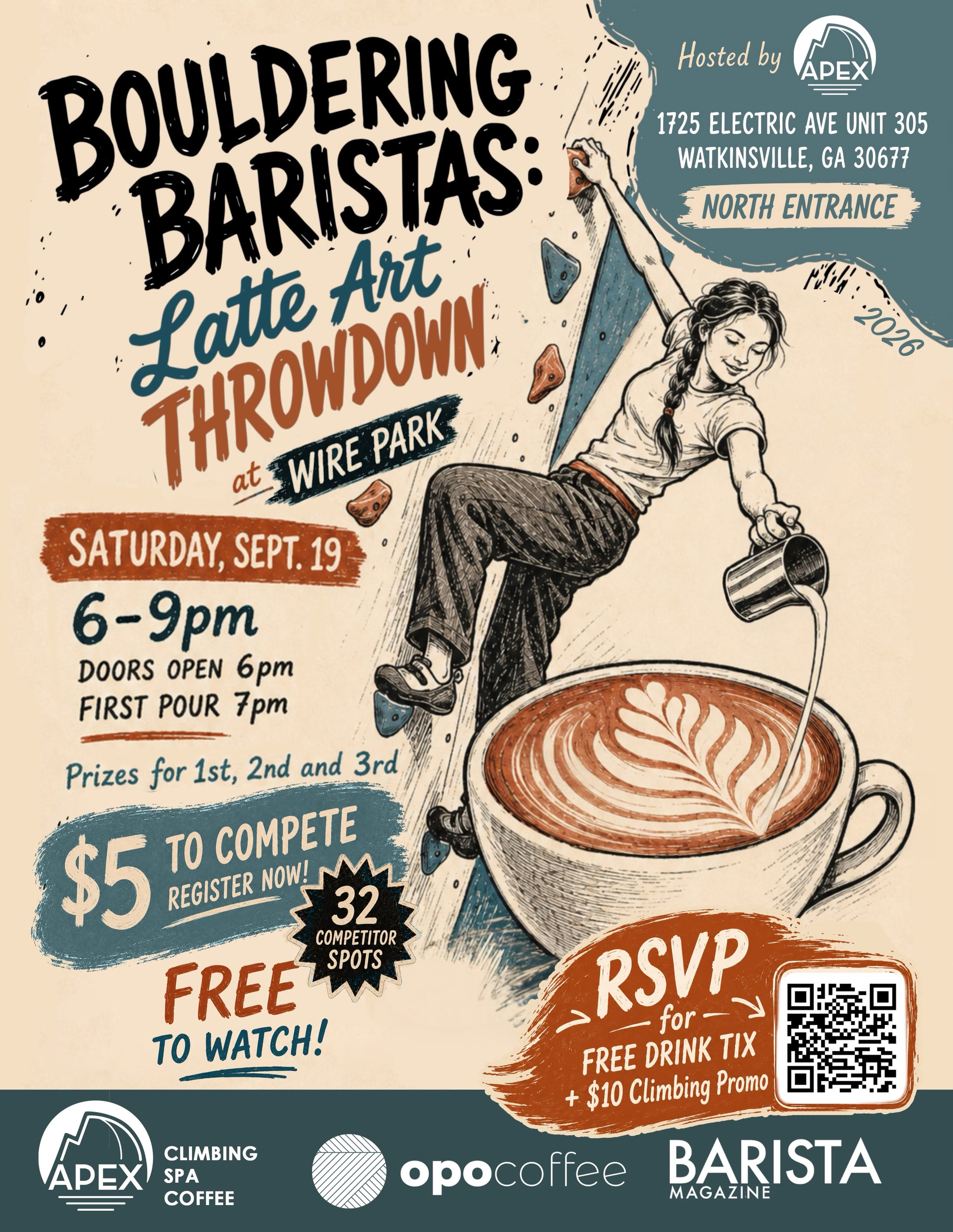 Bouldering Baristas: Latte Art Throwdown promotional flyer — a barista in climbing gear pours latte art while scaling the wall, hosted by APEX at Wire Park on Saturday, September 19