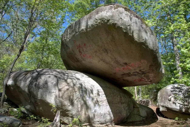 The balanced Shaking Rock boulder at Shaking Rock Park in Lexington, Georgia